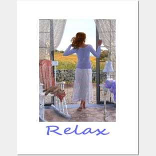 Woman looking out of window at meadow zen yoga buddhism Posters and Art